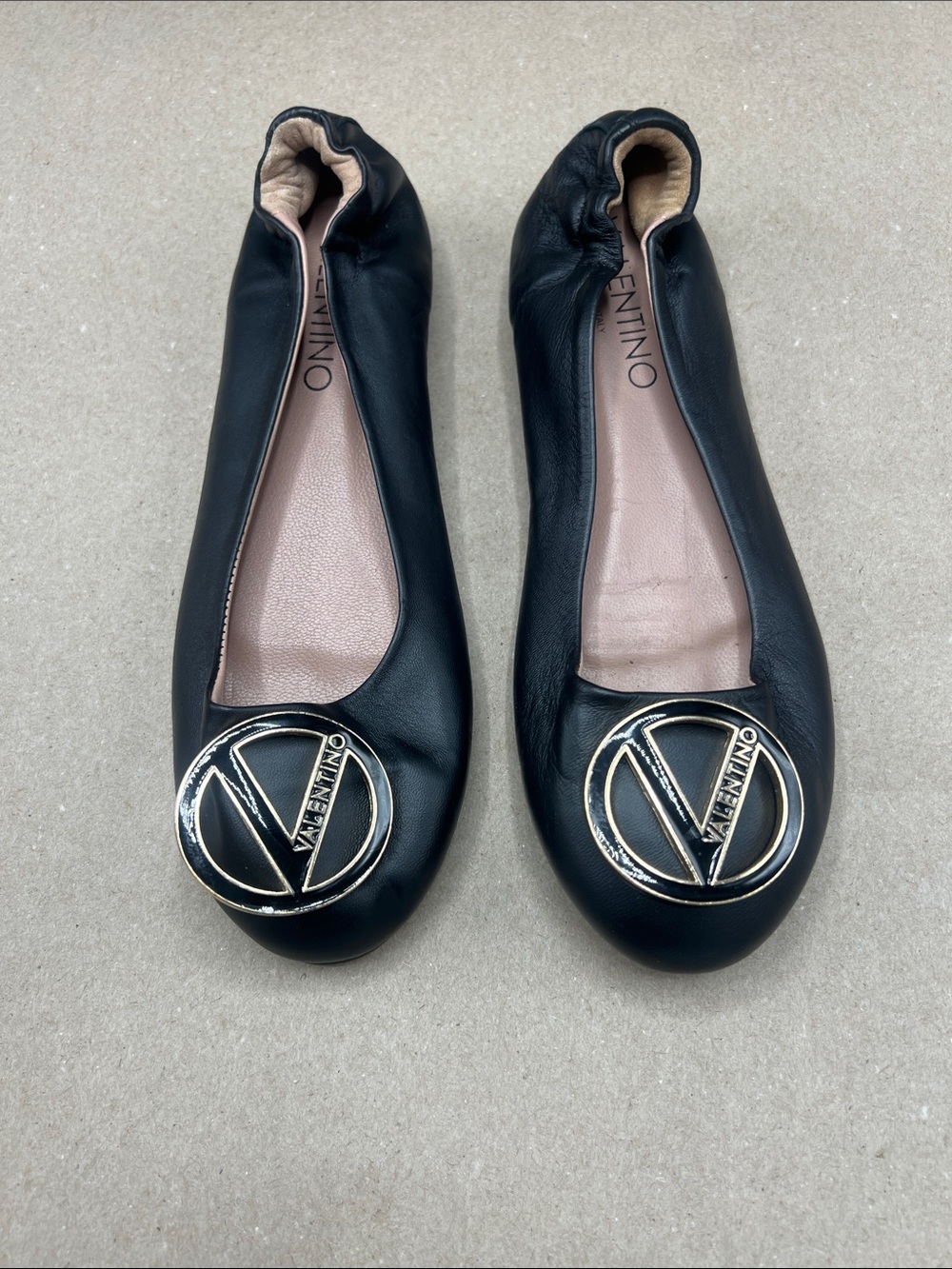 Valentino Black Leather Logo Round-Toe Ballet Flats with Gold Emblem